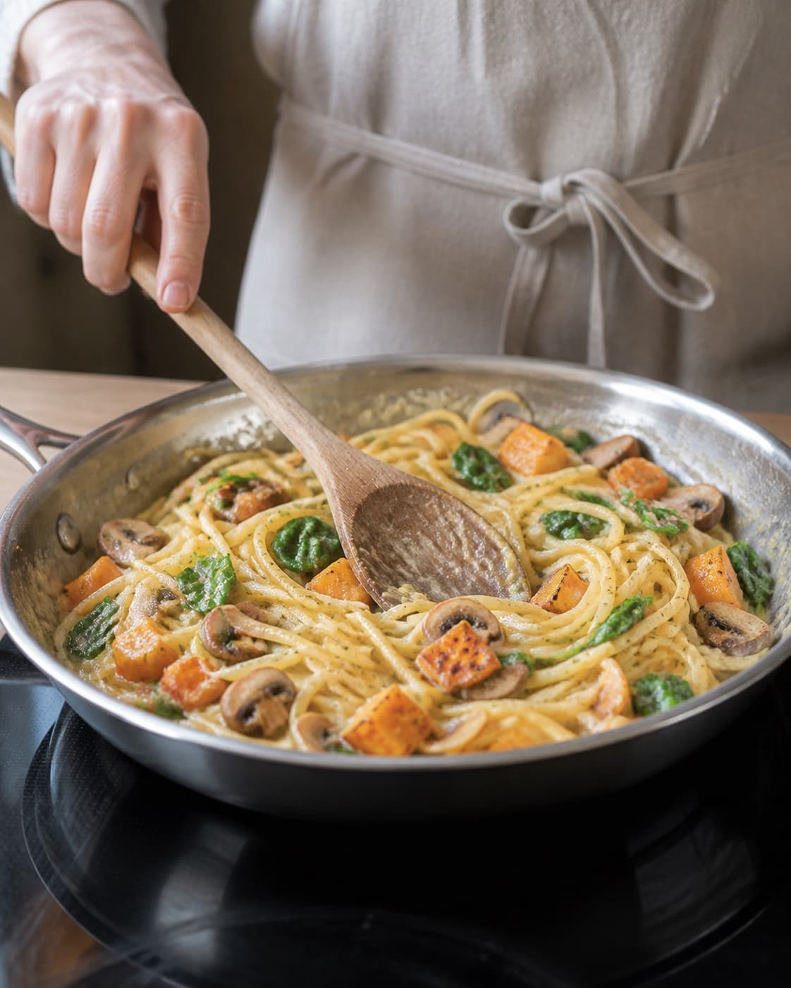 Creamy texture of pasta med græskar, svampe og spinat being adjusted off the heat under tilberedningen af pasta med græskar, svampe og spinat