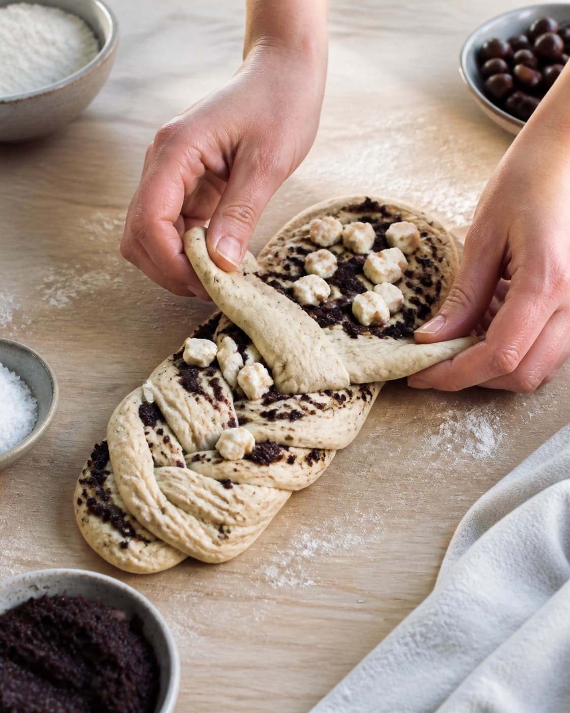 Hands gently folding elastic dough for flettet brød med oliventapenade og feta under tilberedningen af flettet brød med oliventapenade og feta