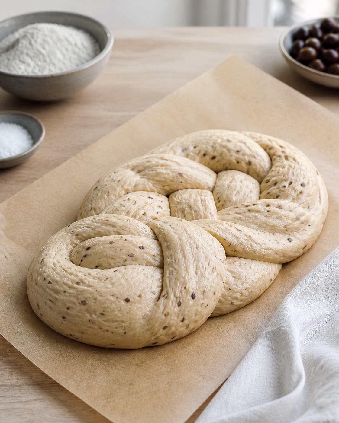 Proofed airy dough for flettet brød med oliventapenade og feta with visible fermentation bubbles under tilberedningen af flettet brød med oliventapenade og feta