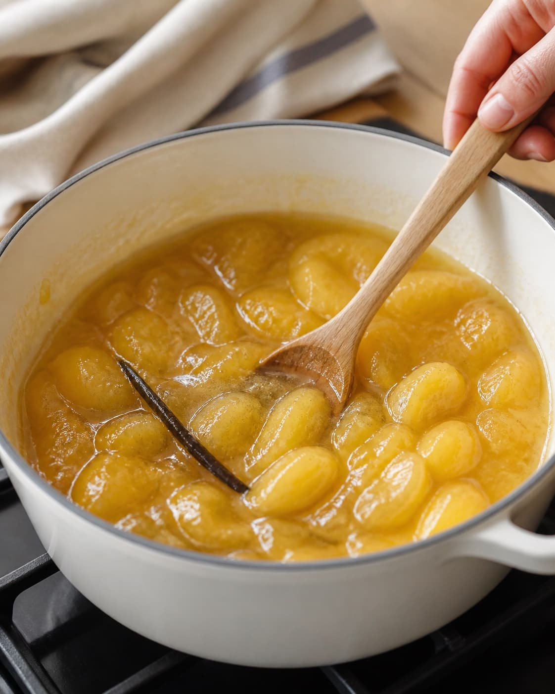 blommekompot med vanilje simmering to a glossy even consistency under tilberedningen af blommekompot med vanilje