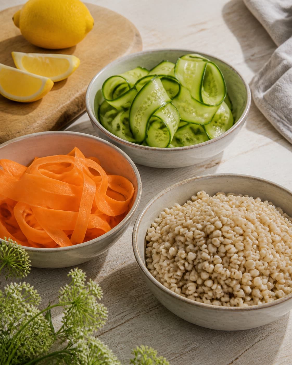 Clean prepared ingredients for perlebygsalat med urteolie og crudité with perlebyg, gulerødder, agurk, økologisk citron under tilberedningen af perlebygsalat med urteolie og crudité