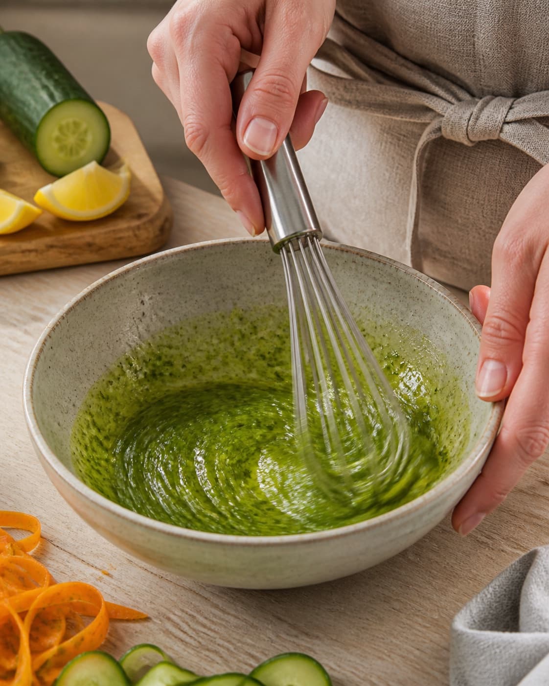 Dressing for perlebygsalat med urteolie og crudité being whisked until glossy under tilberedningen af perlebygsalat med urteolie og crudité