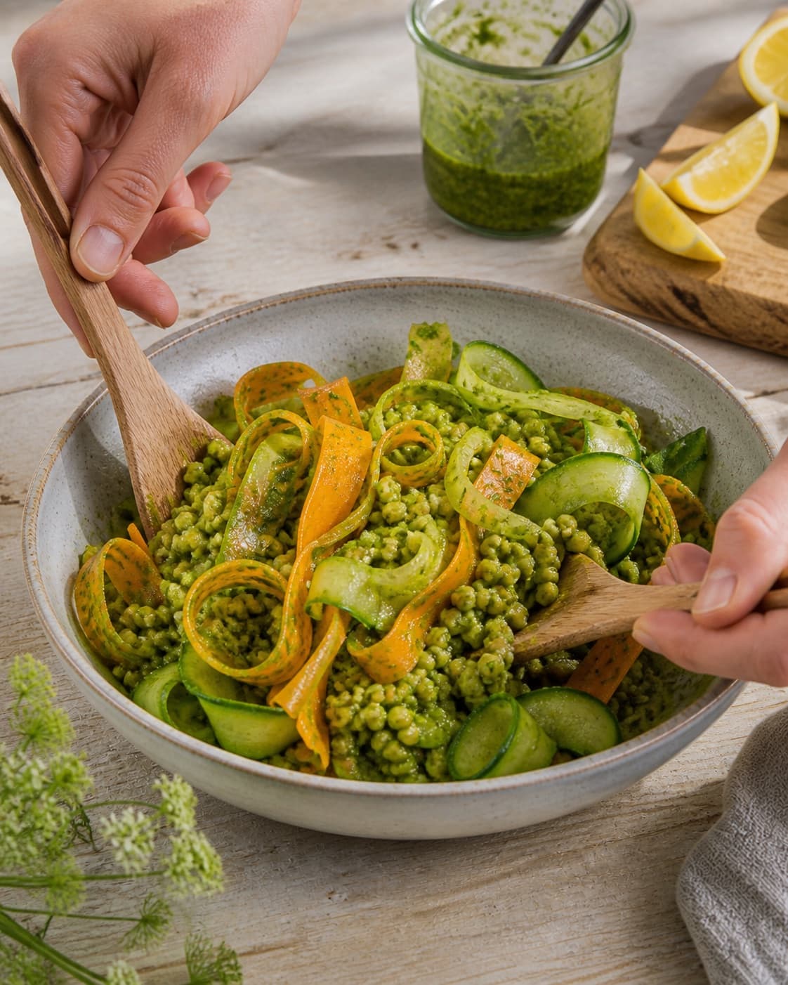 perlebygsalat med urteolie og crudité being gently combined without crushing the ingredients under tilberedningen af perlebygsalat med urteolie og crudité