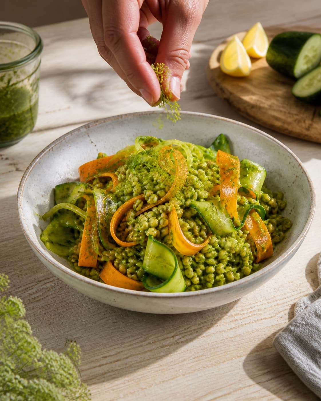 Fresh finished perlebygsalat med urteolie og crudité receiving its final garnish under tilberedningen af perlebygsalat med urteolie og crudité