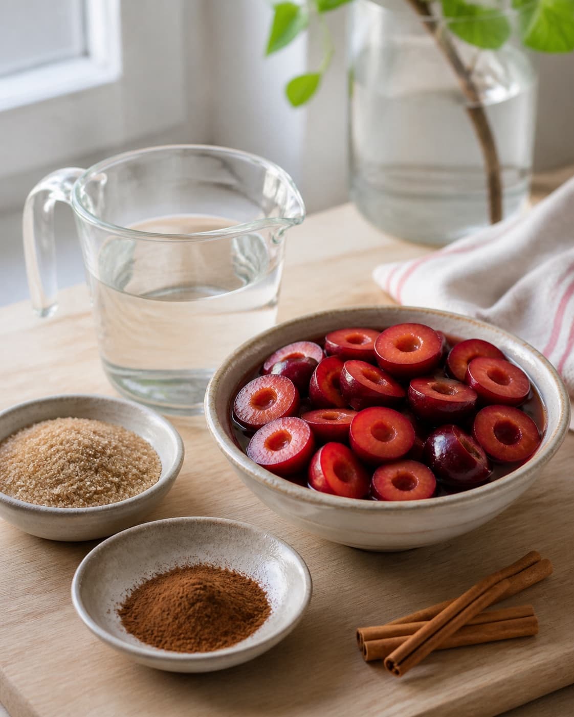 Clean measured ingredients and prepared jars for syltede blommer med kanel with modne blommer, stødt kanel, rørsukker, vand under tilberedningen af syltede blommer med kanel