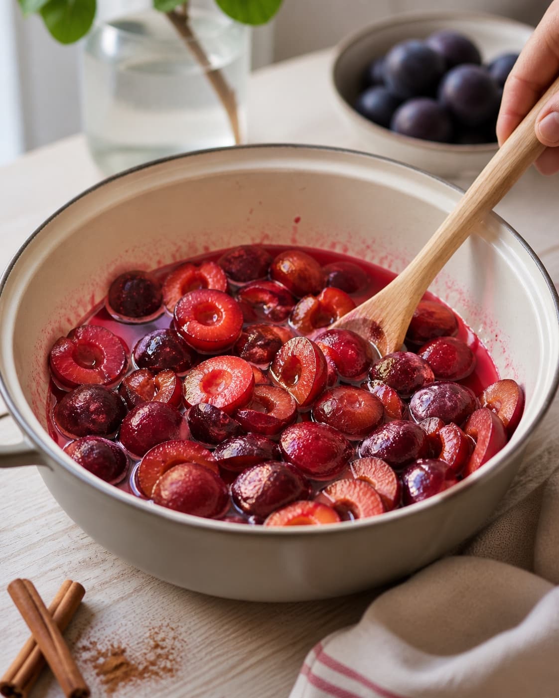Ingredients for syltede blommer med kanel gently releasing juice in a pot under tilberedningen af syltede blommer med kanel