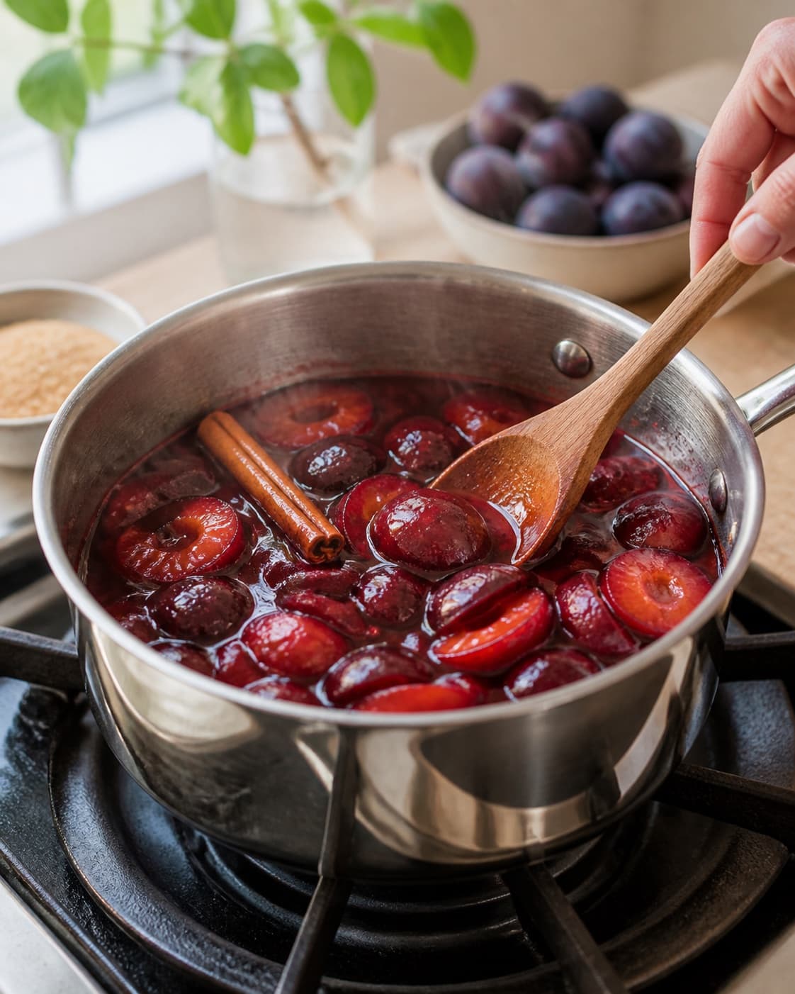 syltede blommer med kanel simmering to a glossy even consistency under tilberedningen af syltede blommer med kanel