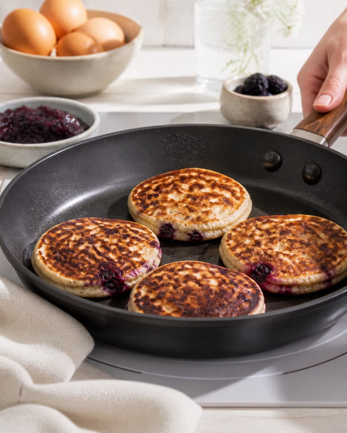 amerikanske pandekager med brombærkompot frying to an even golden crust in a pan under tilberedningen af amerikanske pandekager med brombærkompot