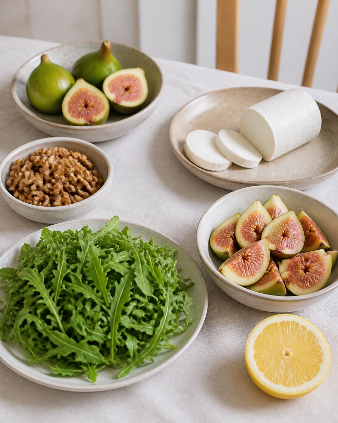 Clean prepared ingredients for salat med figner, gedeost og valnødder with friske eller tørrede figner, valnødder, gedeost, økologisk citron under tilberedningen af salat med figner, gedeost og valnødder