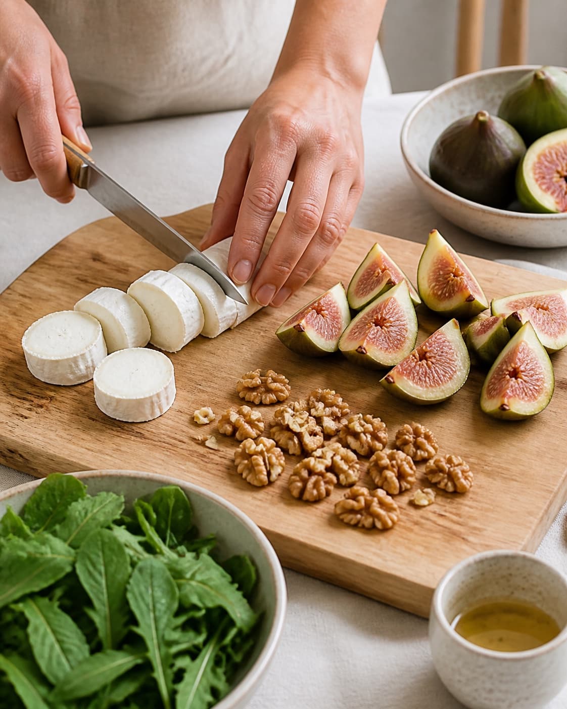 Ingredients for salat med figner, gedeost og valnødder being cut into even pieces under tilberedningen af salat med figner, gedeost og valnødder