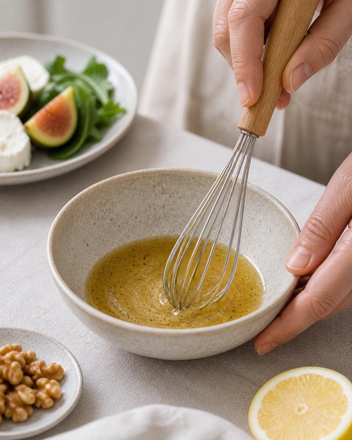 Dressing for salat med figner, gedeost og valnødder being whisked until glossy under tilberedningen af salat med figner, gedeost og valnødder