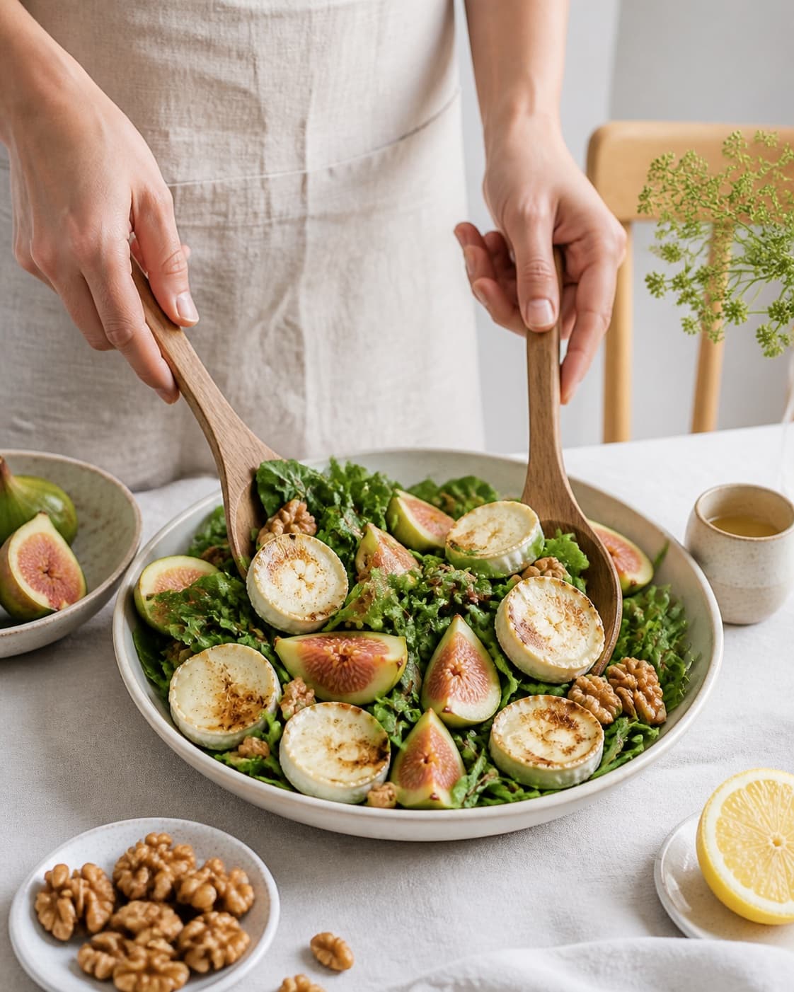 salat med figner, gedeost og valnødder being gently combined without crushing the ingredients under tilberedningen af salat med figner, gedeost og valnødder