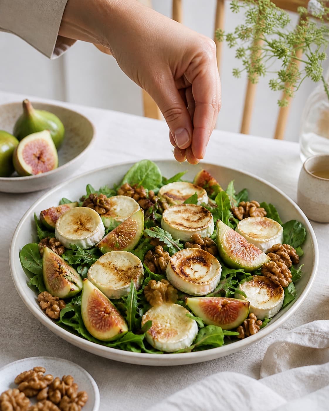 Fresh finished salat med figner, gedeost og valnødder receiving its final garnish under tilberedningen af salat med figner, gedeost og valnødder
