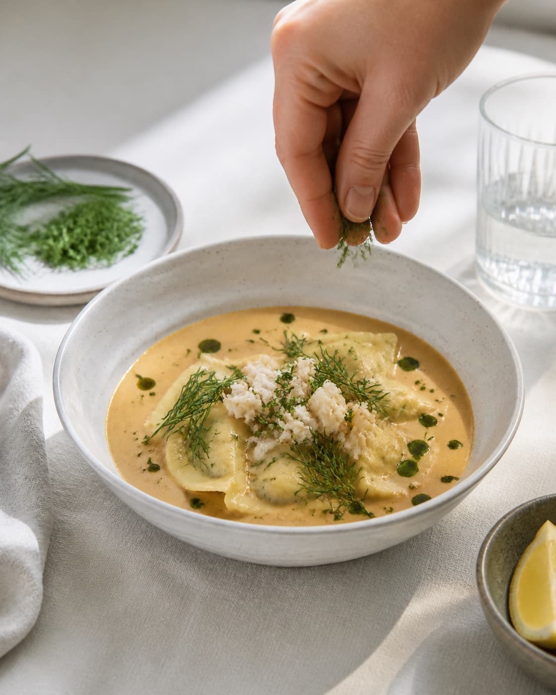 Finished strandkrabbebisque med ravioli plated immediately with restrained garnish under tilberedningen af strandkrabbebisque med ravioli