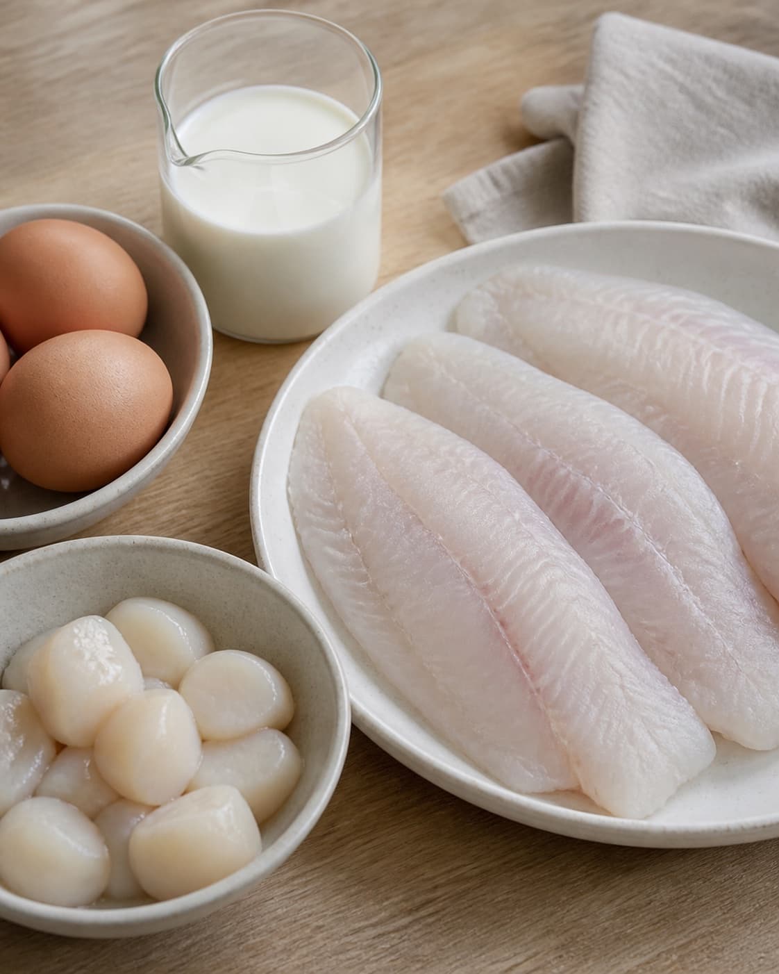 Mise en place for farserede rødspætter med fyld af kammusling with rødspættefileter, kammuslinger, piskefløde, æg under tilberedningen af farserede rødspætter med fyld af kammusling