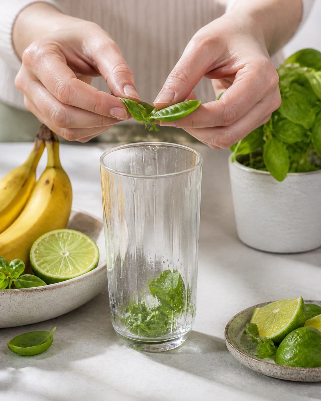 Flavour being extracted for smoothie med basilikum og lime under tilberedningen af smoothie med basilikum og lime