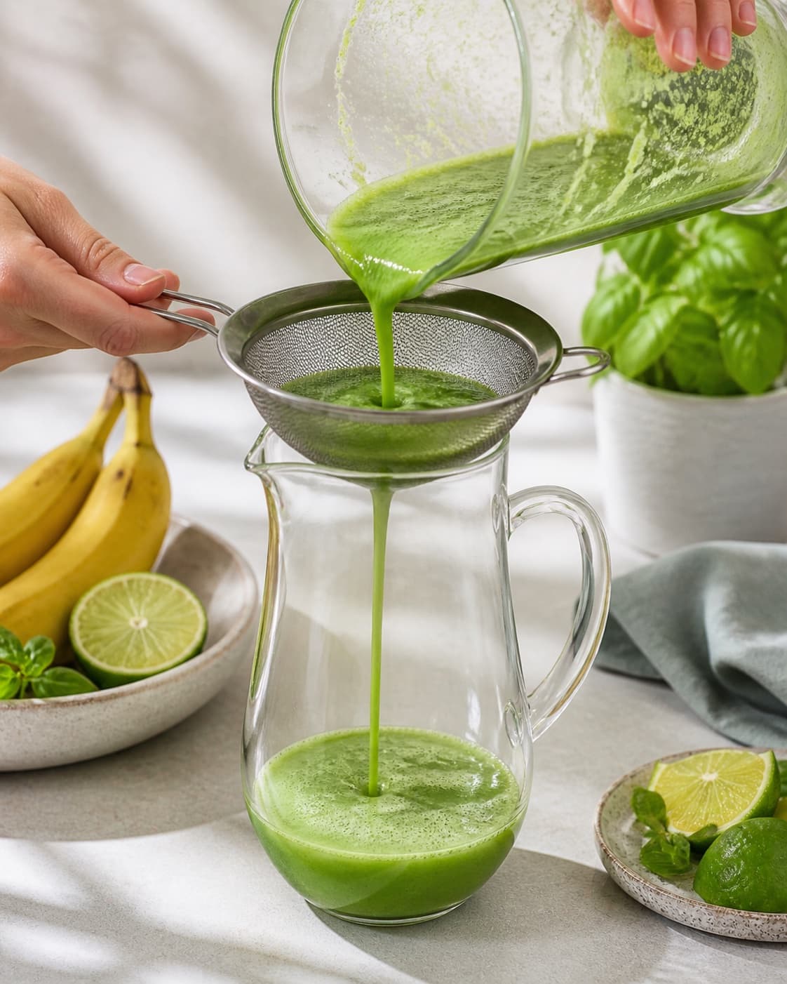 smoothie med basilikum og lime being strained into a clean pitcher under tilberedningen af smoothie med basilikum og lime