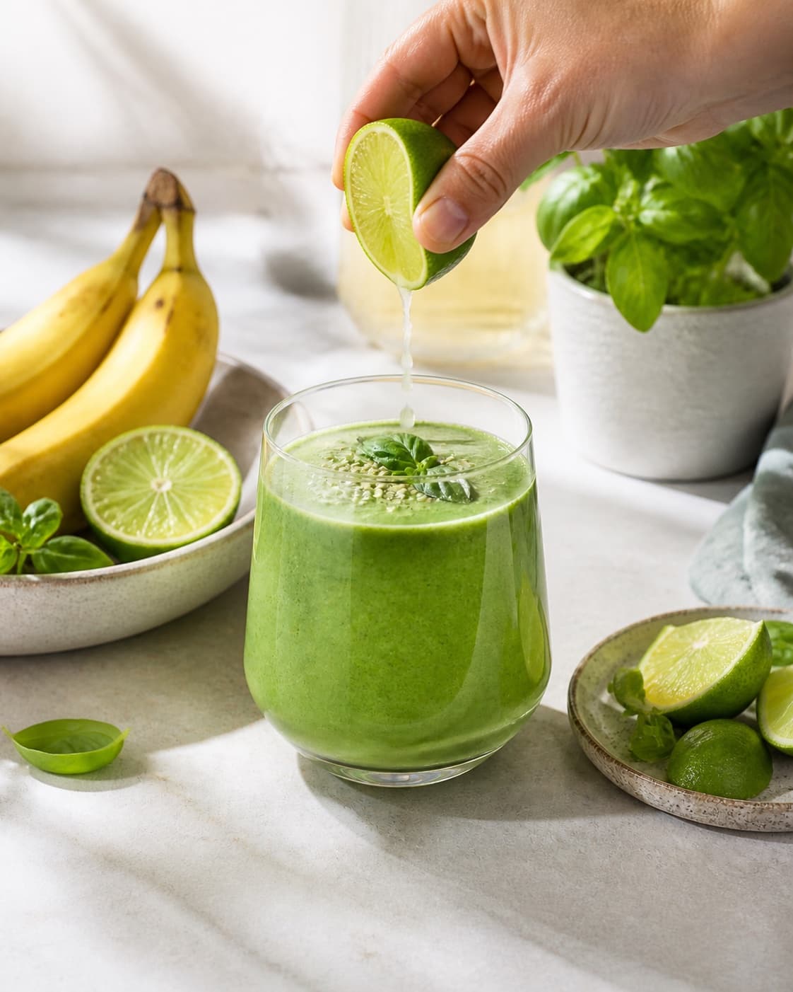The flavour balance of smoothie med basilikum og lime being adjusted under tilberedningen af smoothie med basilikum og lime