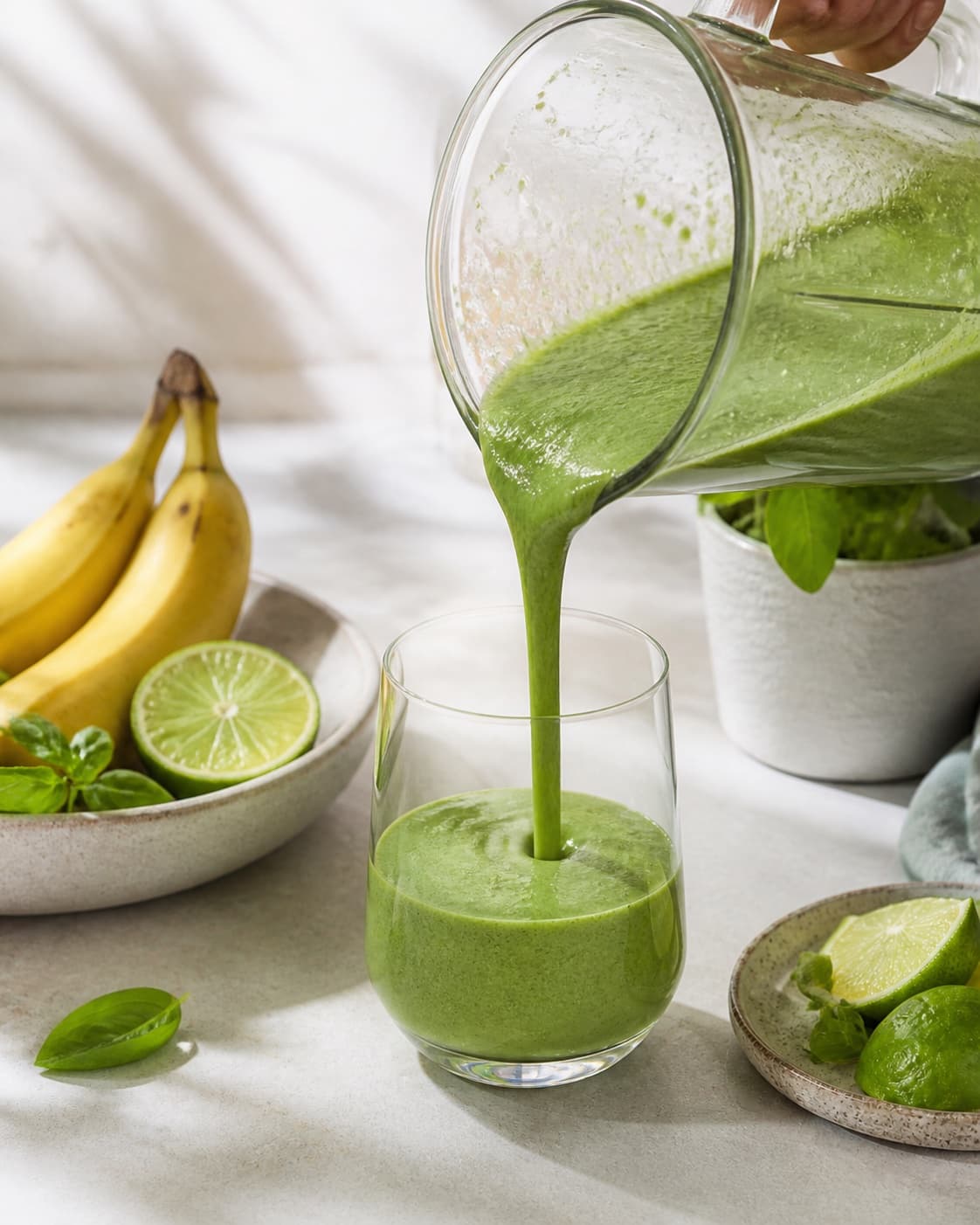 Finished smoothie med basilikum og lime being poured into a clean serving glass under tilberedningen af smoothie med basilikum og lime