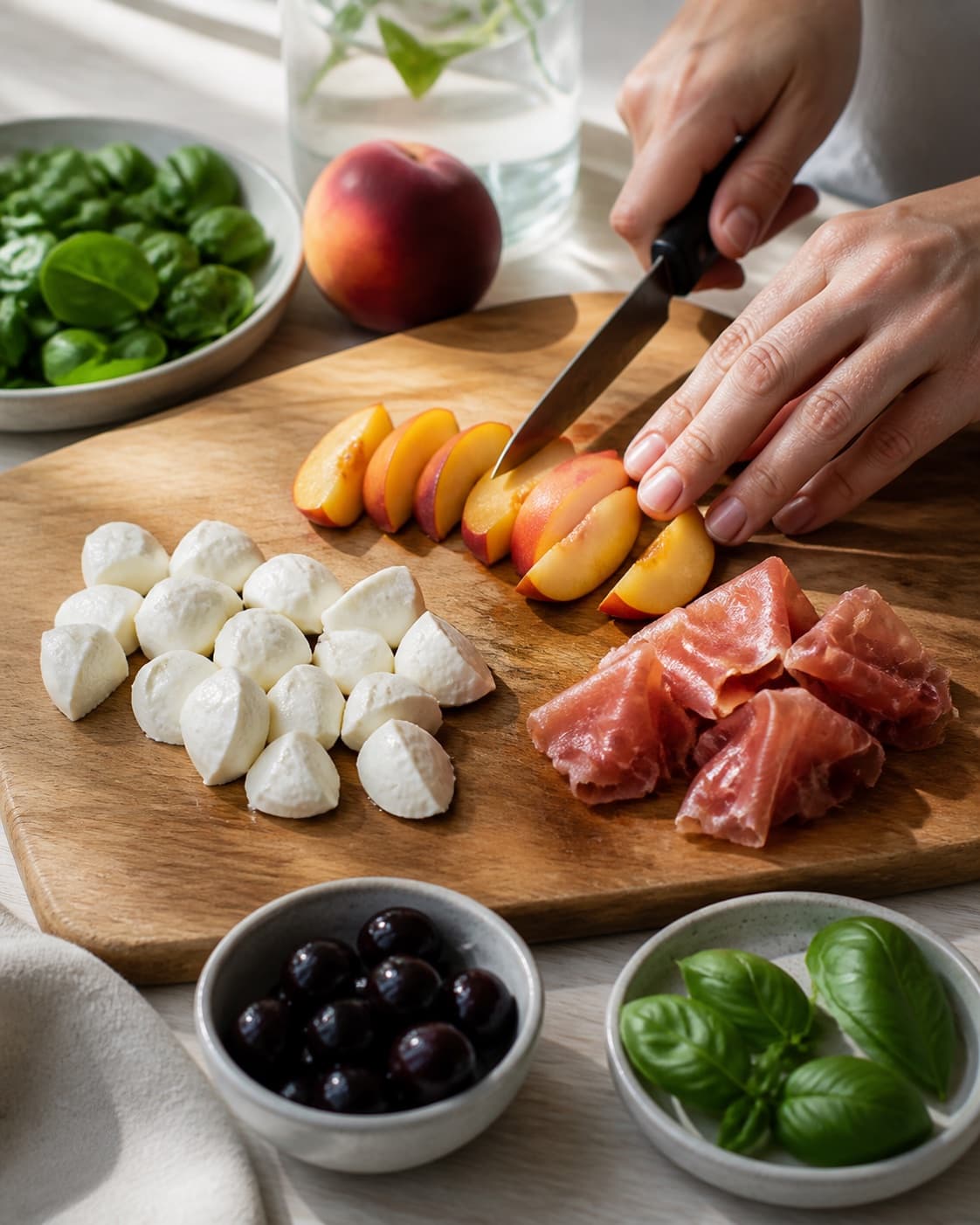 Ingredients for salat med mozzarella, fersken og serrano being cut into even pieces under tilberedningen af salat med mozzarella, fersken og serrano