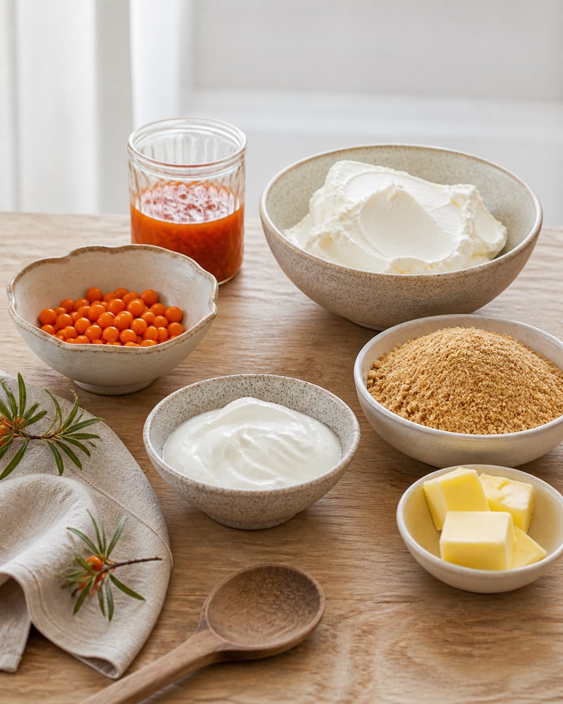Measured ingredients for cheesecake med havtorn og skyr arranged separately with naturel flødeost, digestivekiks, havtorn, smør under tilberedningen af cheesecake med havtorn og skyr