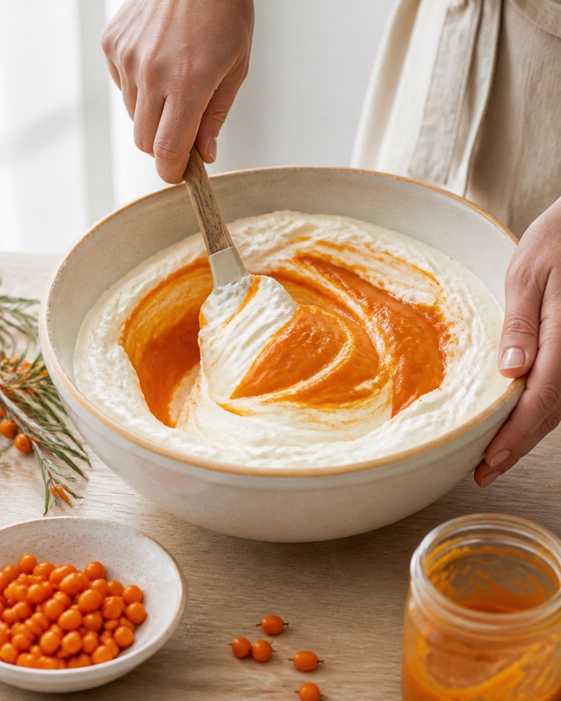 The batter or dough for cheesecake med havtorn og skyr being gently combined under tilberedningen af cheesecake med havtorn og skyr