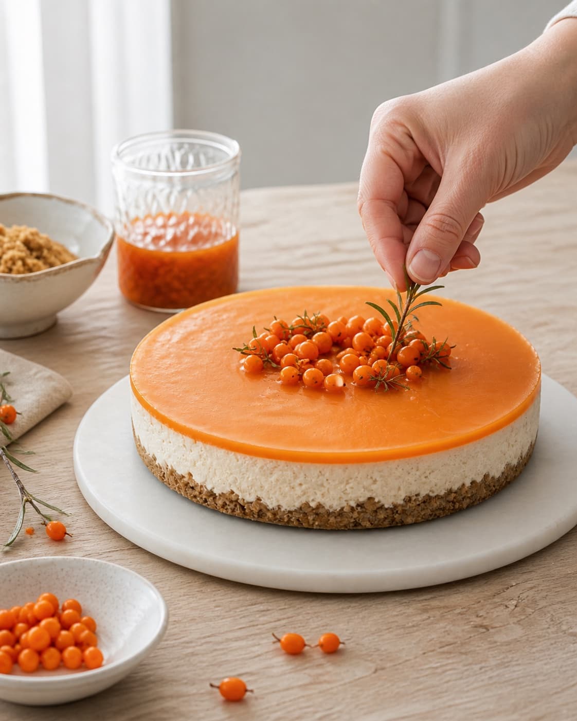 Finished cheesecake med havtorn og skyr receiving its final garnish after cooling under tilberedningen af cheesecake med havtorn og skyr