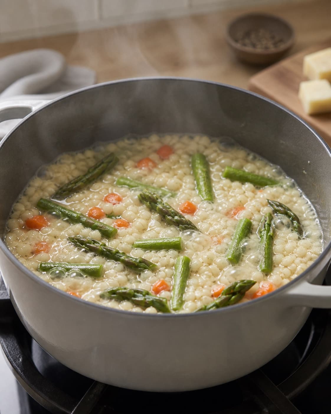 perlebygotto med asparges og gulerødder gently simmering with visible ingredients under tilberedningen af perlebygotto med asparges og gulerødder