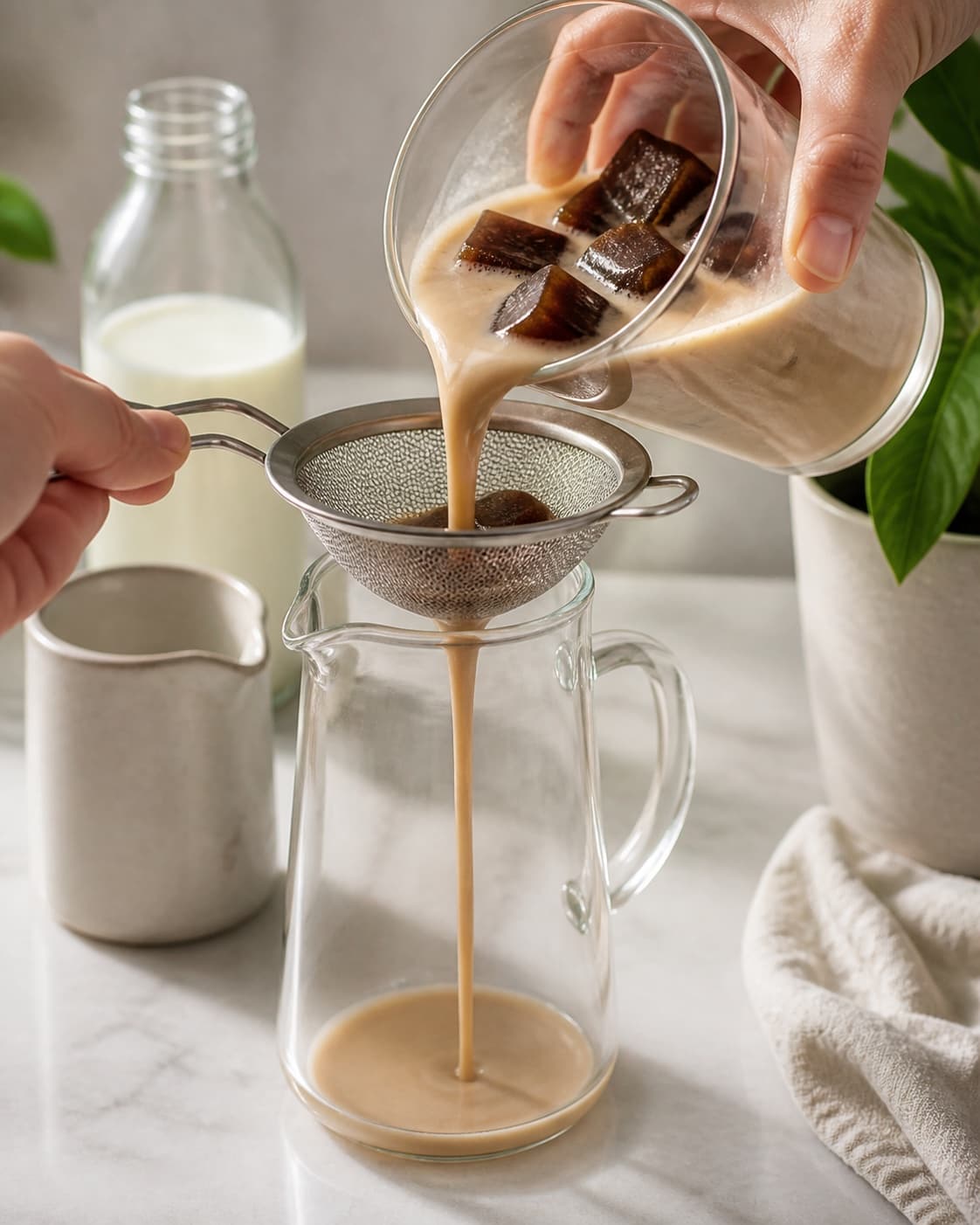 iskaffe med kaffeisterninger being strained into a clean pitcher under tilberedningen af iskaffe med kaffeisterninger