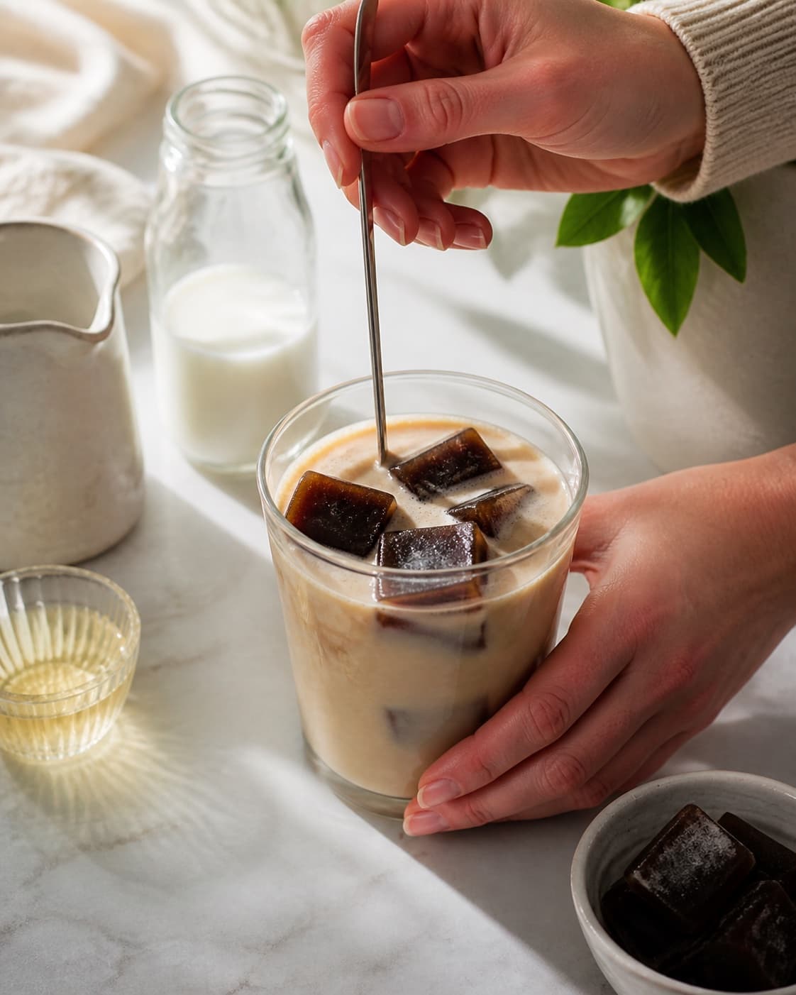 The flavour balance of iskaffe med kaffeisterninger being adjusted under tilberedningen af iskaffe med kaffeisterninger