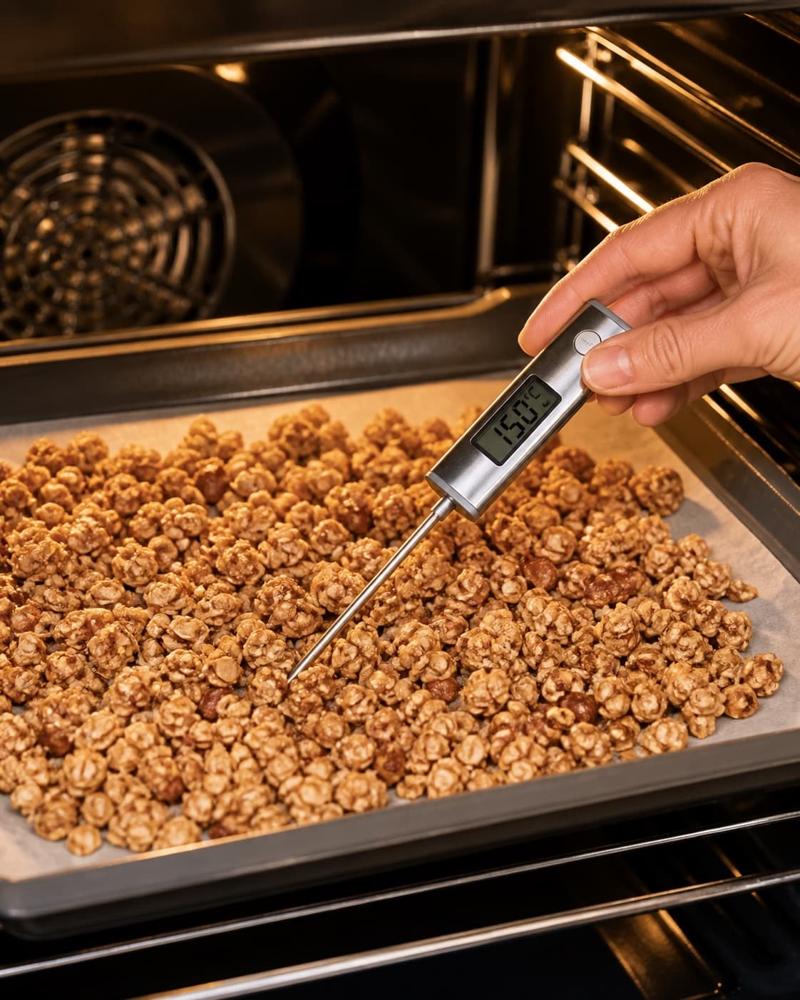 blåbærsmoothie med hurtig granola roasting evenly while its centre temperature is checked under tilberedningen af blåbærsmoothie med hurtig granola