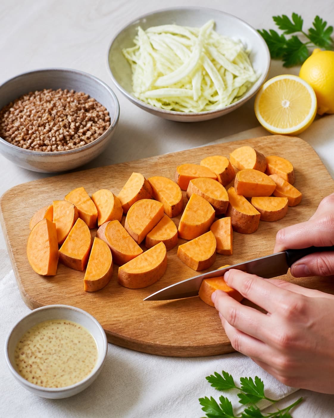 Ingredients for sød kartoffel salat med boghvede og sennepsdressing being cut into even pieces under tilberedningen af sød kartoffel salat med boghvede og sennepsdressing