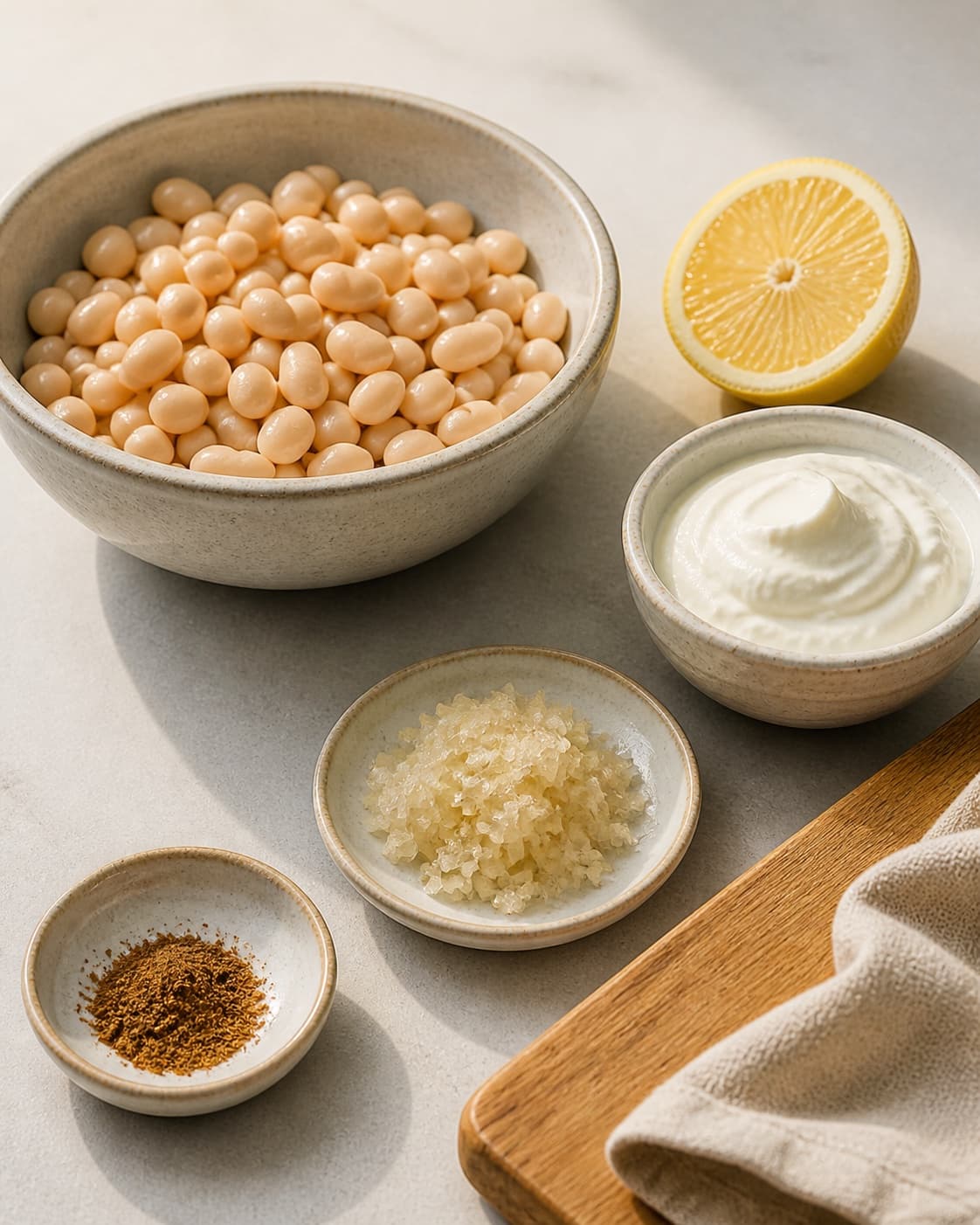 Clean prepared ingredients for cremet bønnedip med klassiske holiday-krydderier with hvide bønner, creme fraiche, zittauerløg, økologisk citron under tilberedningen af cremet bønnedip med klassiske holiday-krydderier