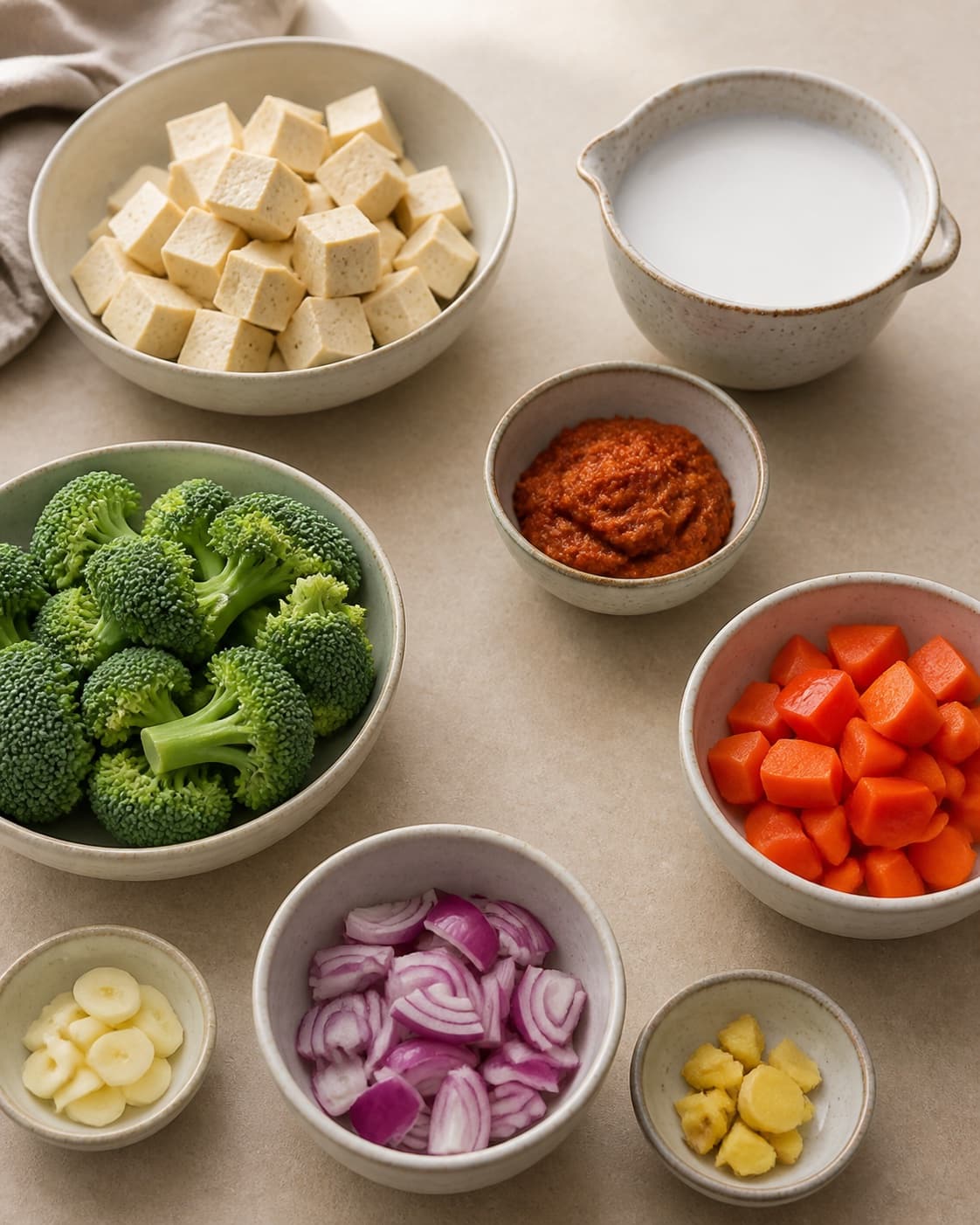 Mise en place for vegetarisk panang-karry with kokosmælk, panang-karrypasta, fast tofu, broccoli under tilberedningen af vegetarisk panang-karry