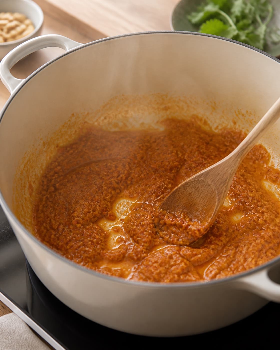Aromatic base for vegetarisk panang-karry gently cooking in a pot under tilberedningen af vegetarisk panang-karry