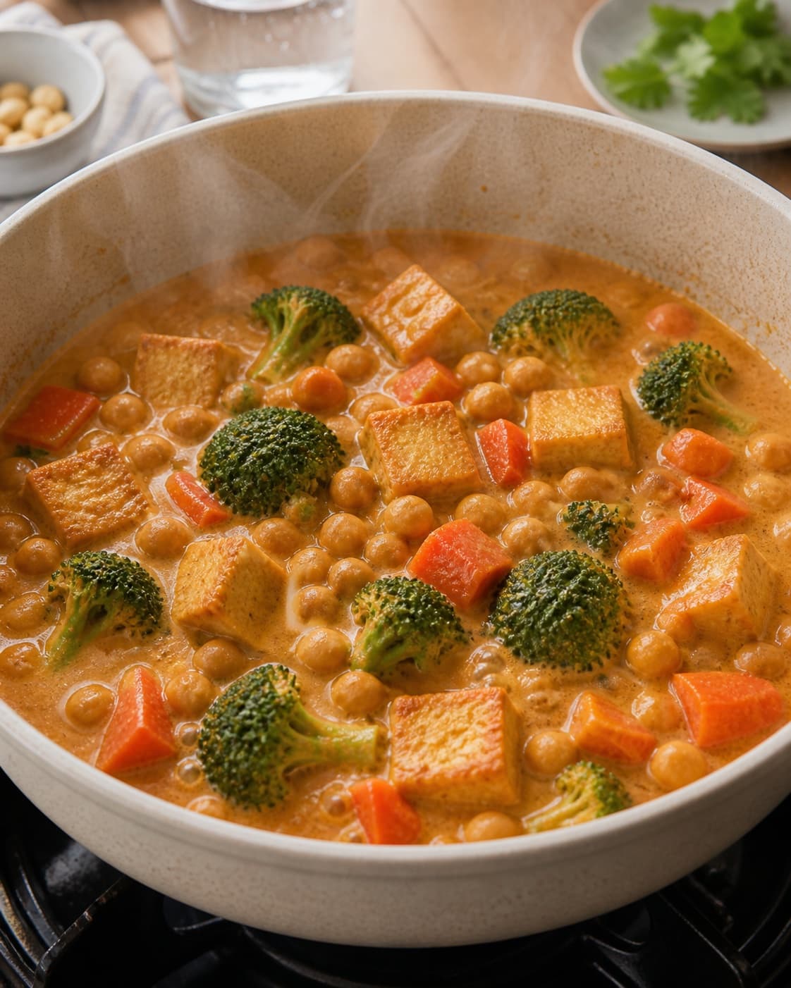 vegetarisk panang-karry gently simmering with visible ingredients under tilberedningen af vegetarisk panang-karry
