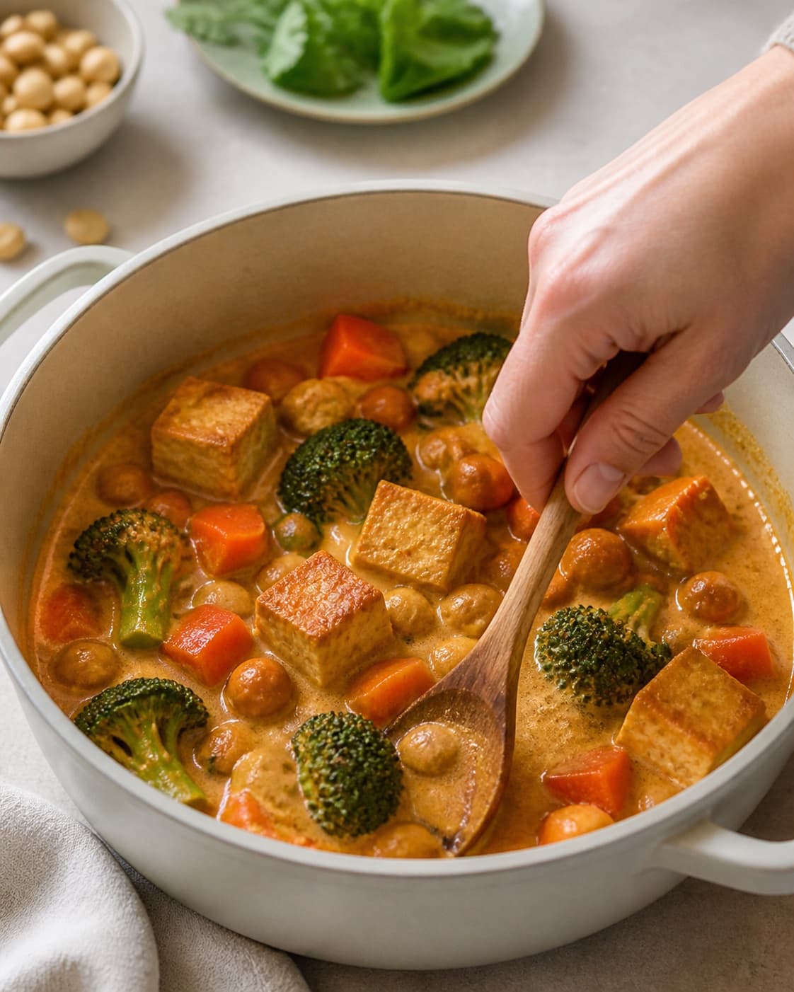 The texture of vegetarisk panang-karry being adjusted in the pot under tilberedningen af vegetarisk panang-karry