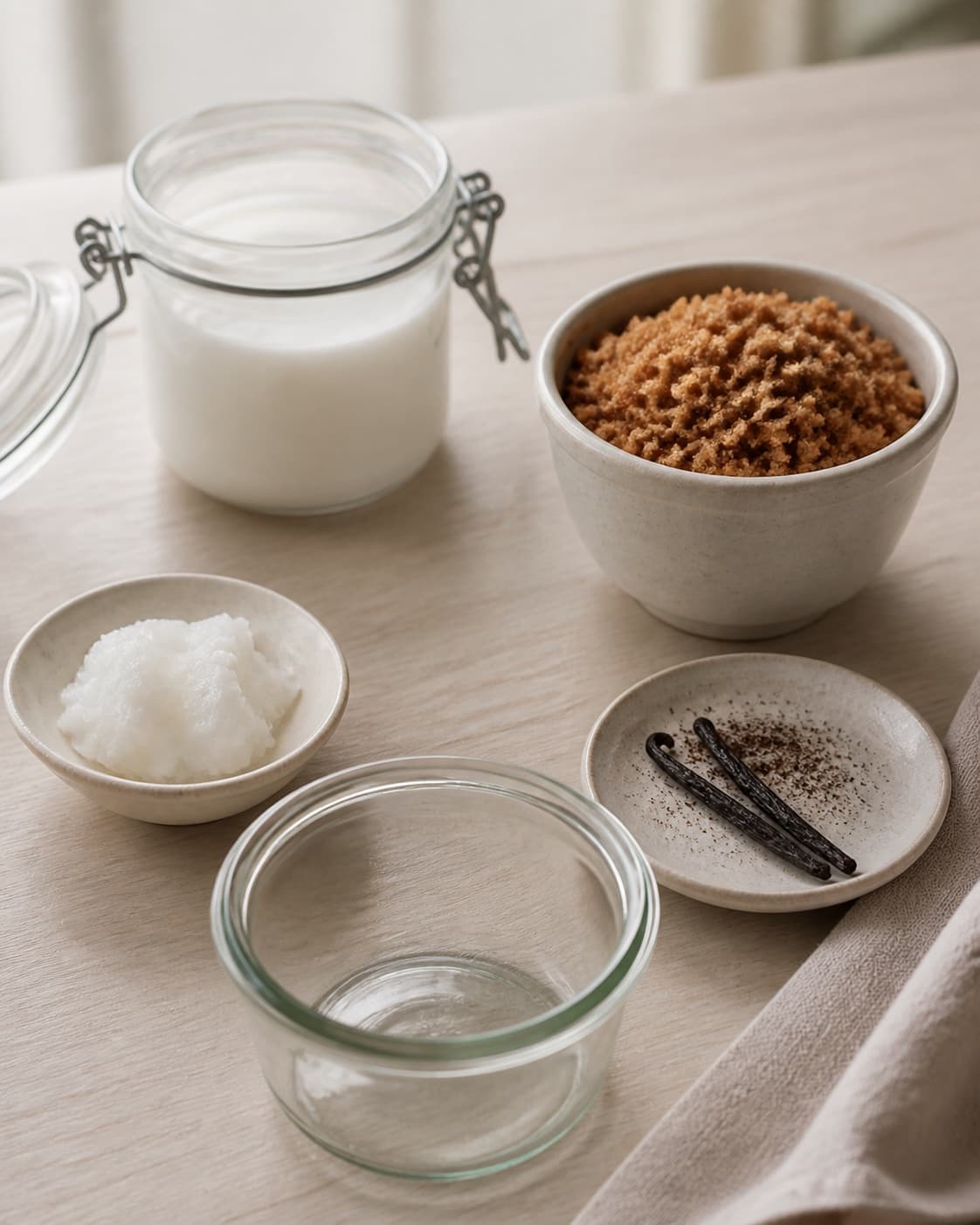 Clean measured ingredients and prepared jars for vegansk karamelsauce på 10 minutter with kokosmælk, brun farin, kokosolie, vanilje under tilberedningen af vegansk karamelsauce på 10 minutter