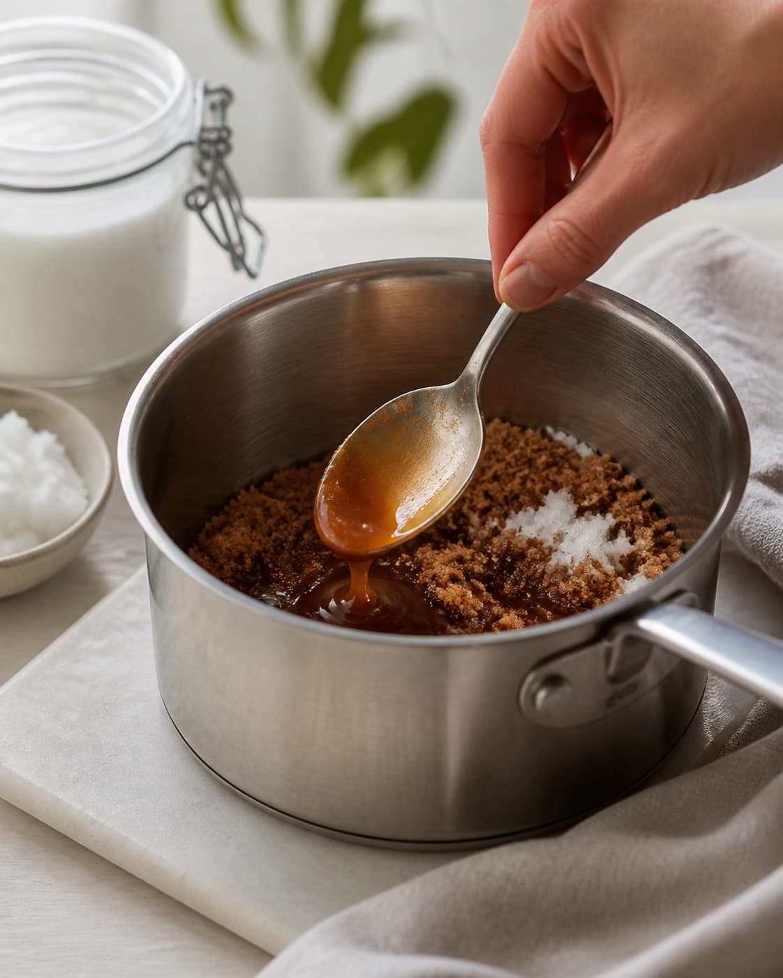 Ingredients for vegansk karamelsauce på 10 minutter gently releasing juice in a pot under tilberedningen af vegansk karamelsauce på 10 minutter