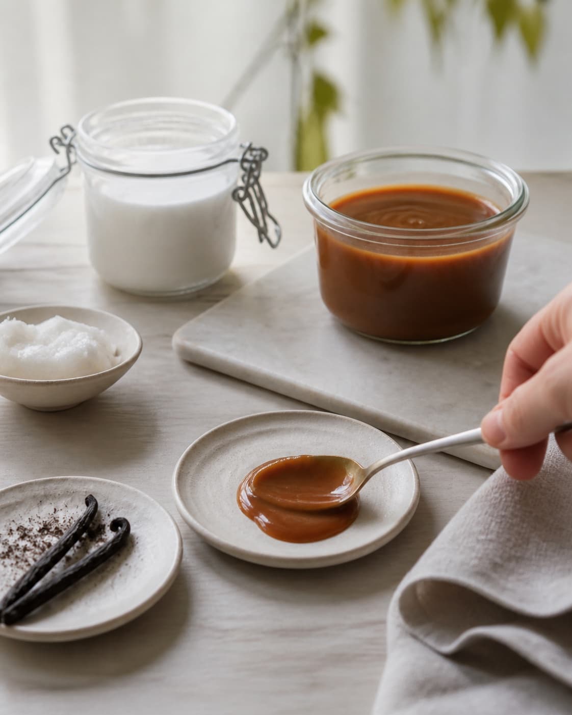 A chilled consistency test for vegansk karamelsauce på 10 minutter on a small plate under tilberedningen af vegansk karamelsauce på 10 minutter