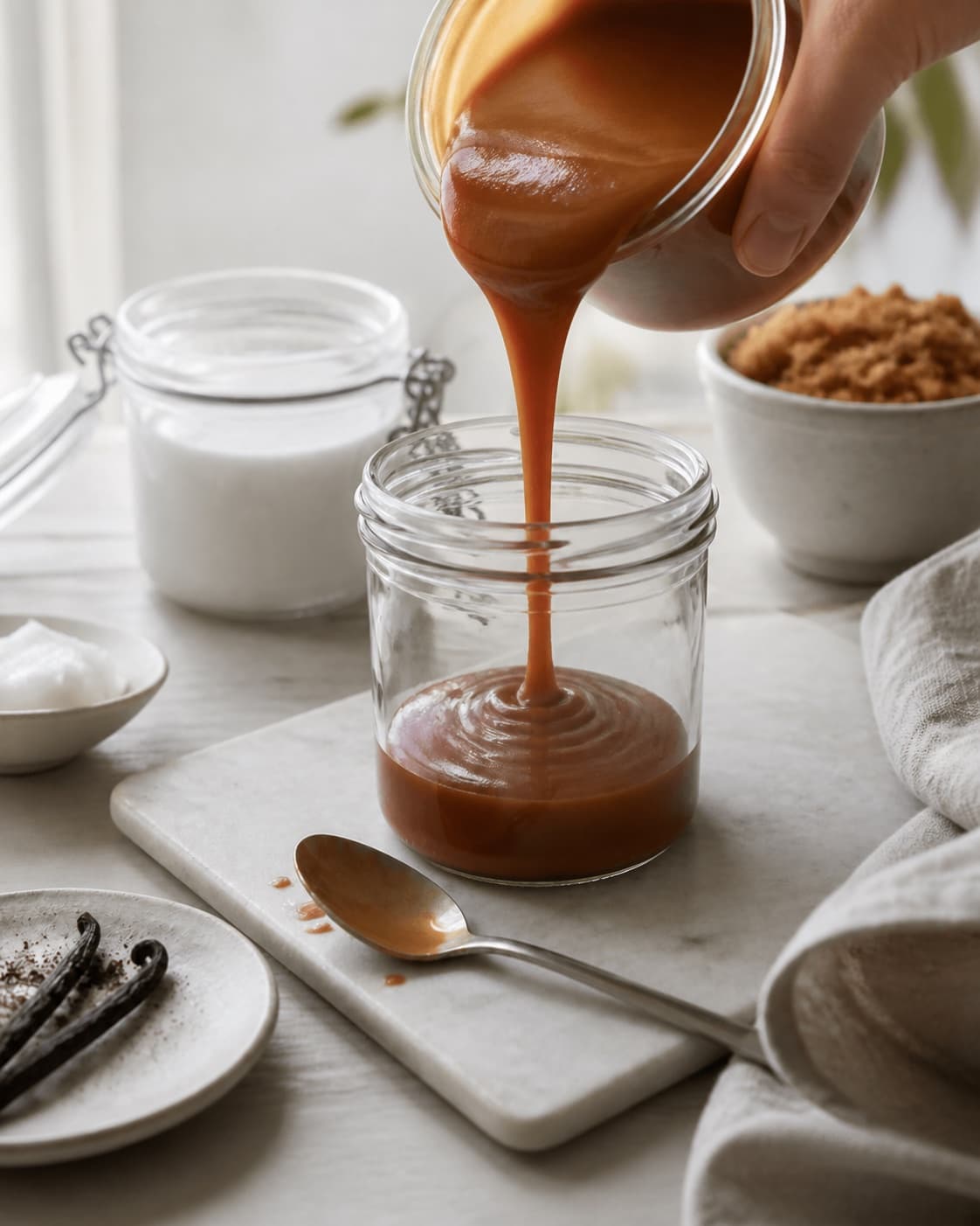 Hot finished vegansk karamelsauce på 10 minutter being carefully transferred into a clean jar under tilberedningen af vegansk karamelsauce på 10 minutter