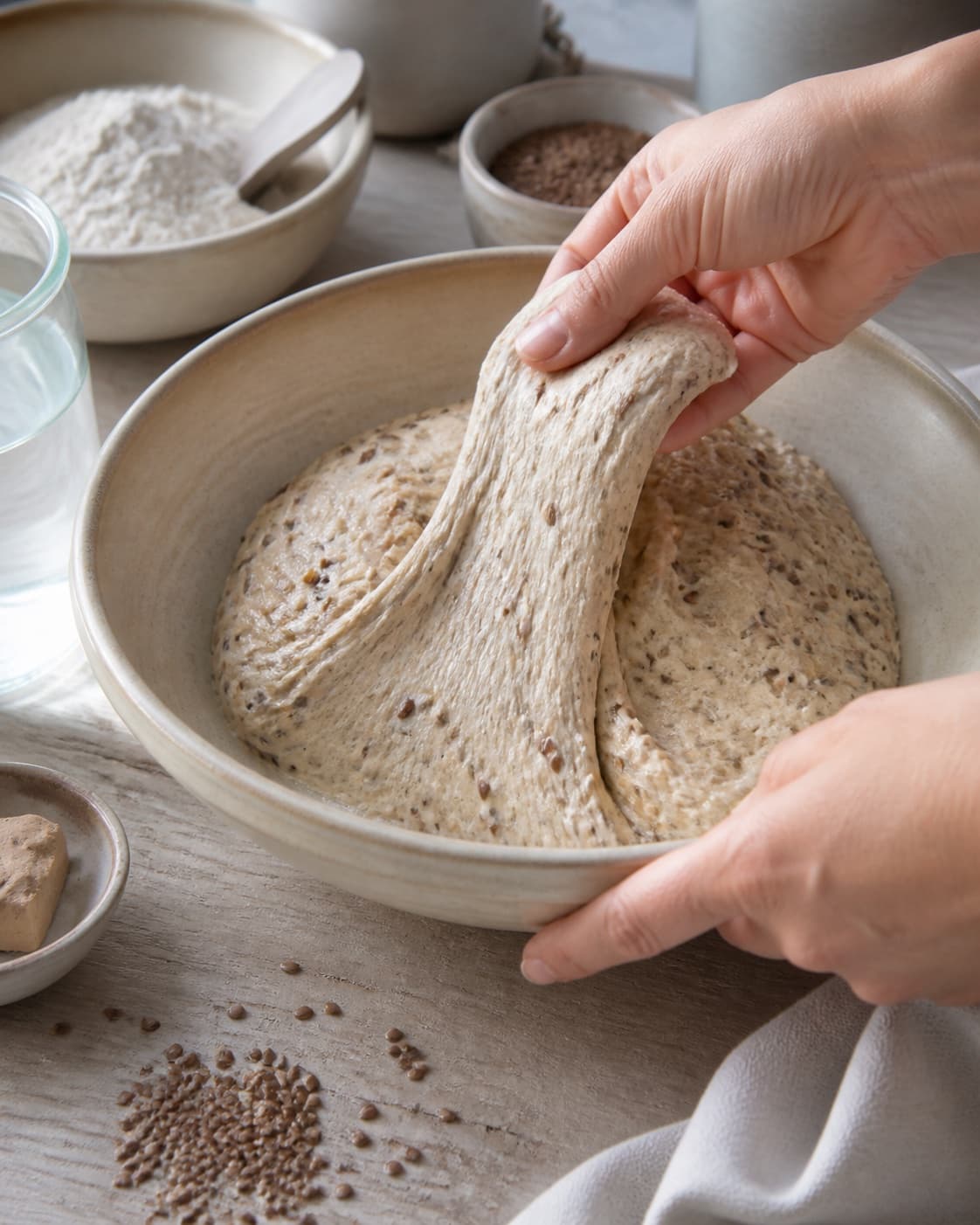 Hands gently folding elastic dough for koldhævede kerneboller under tilberedningen af koldhævede kerneboller