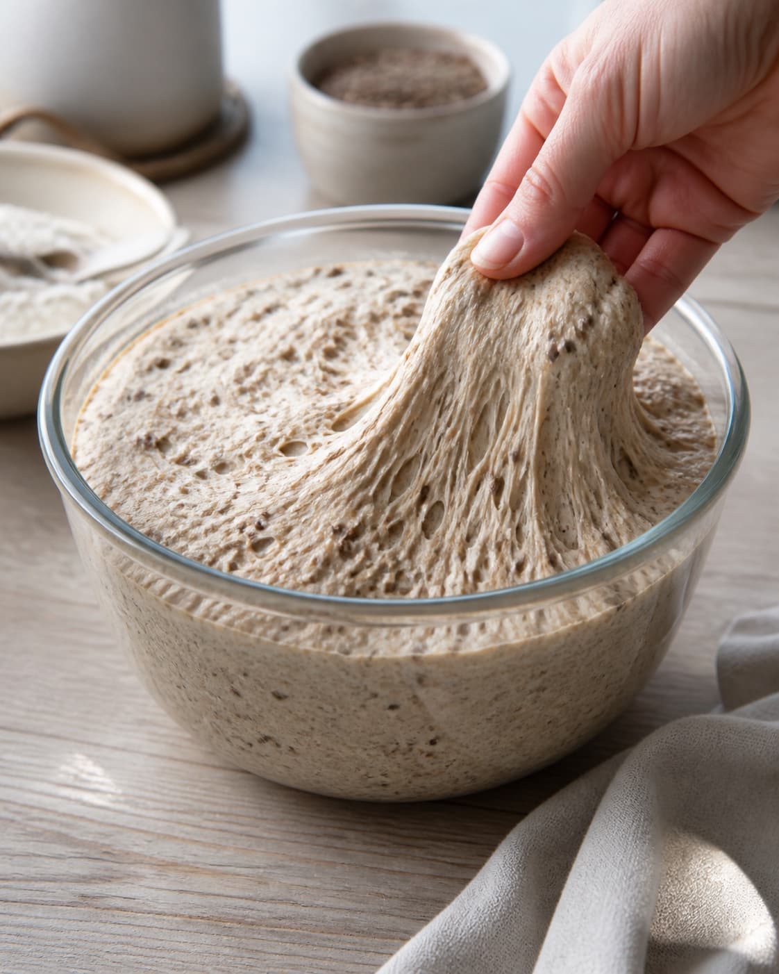 Proofed airy dough for koldhævede kerneboller with visible fermentation bubbles under tilberedningen af koldhævede kerneboller