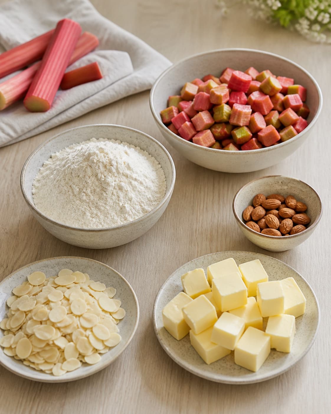 Measured ingredients for sund rabarberkage med mandler arranged separately with rabarber, mandler, hvedemel, smør under tilberedningen af sund rabarberkage med mandler