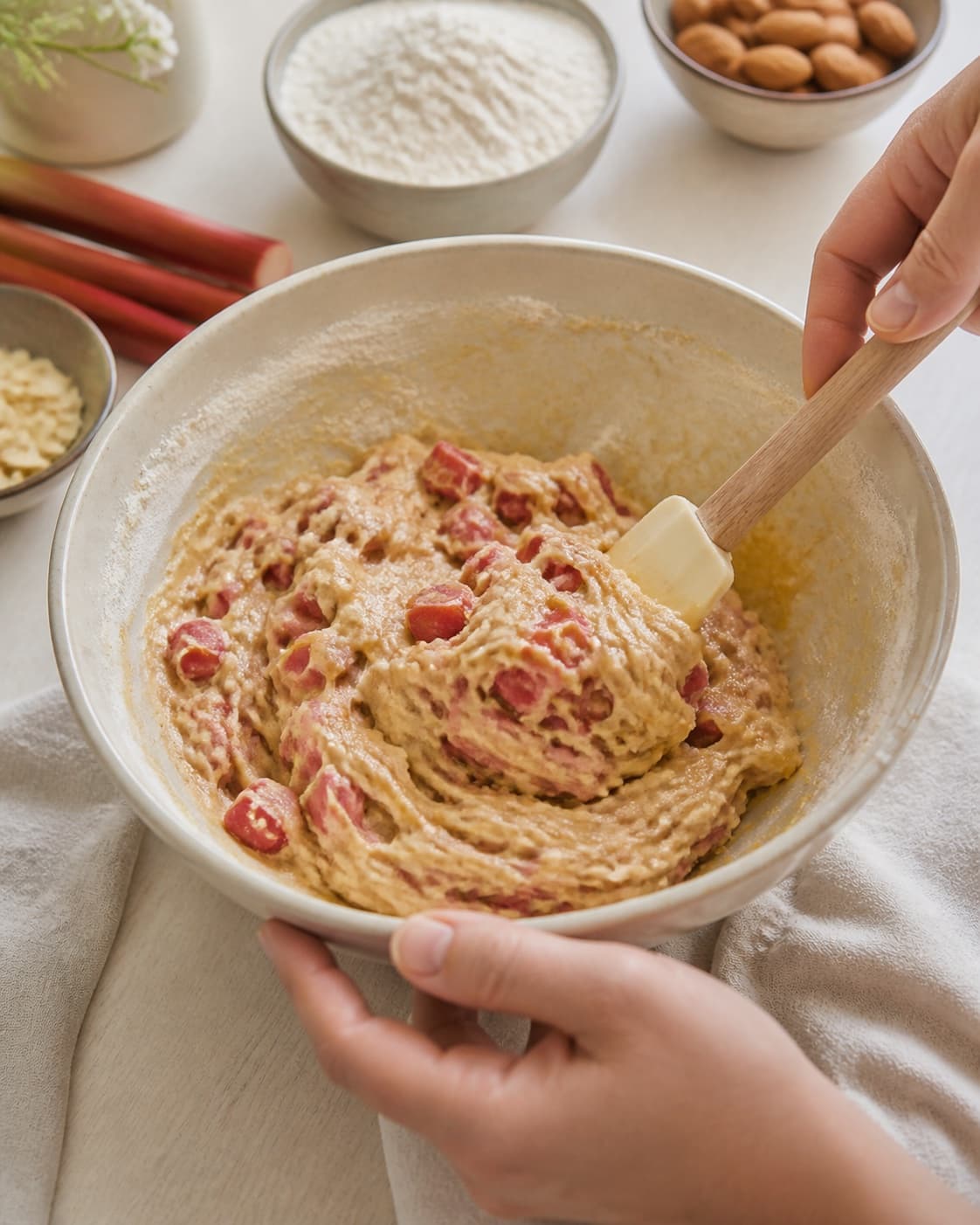 The batter or dough for sund rabarberkage med mandler being gently combined under tilberedningen af sund rabarberkage med mandler