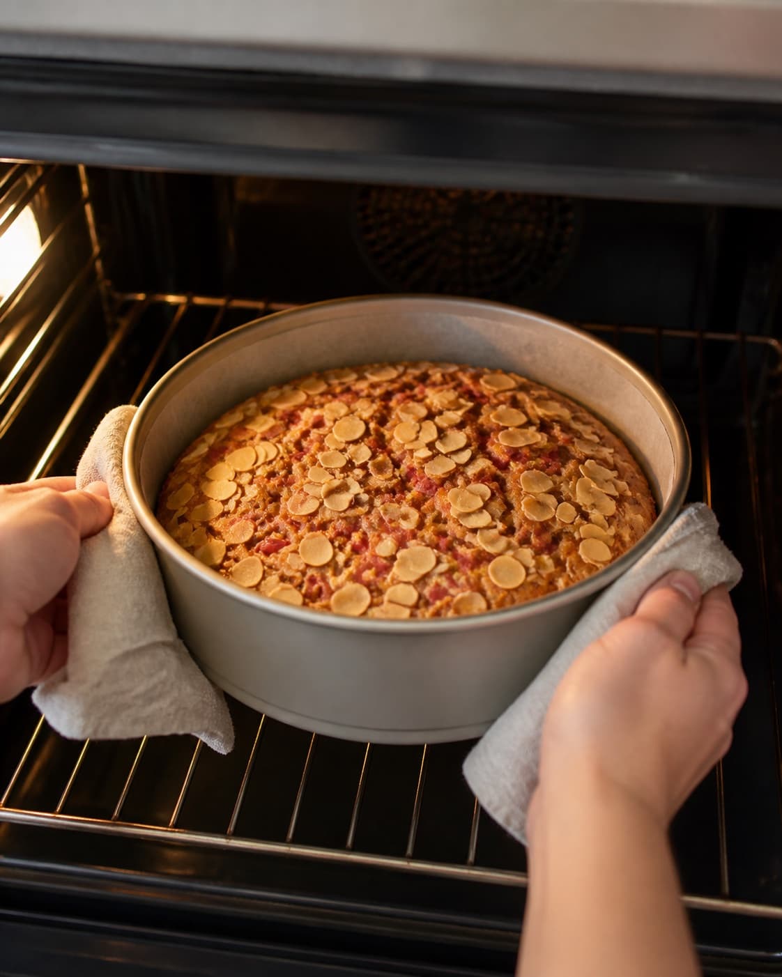 sund rabarberkage med mandler baking until golden with a visibly set centre under tilberedningen af sund rabarberkage med mandler
