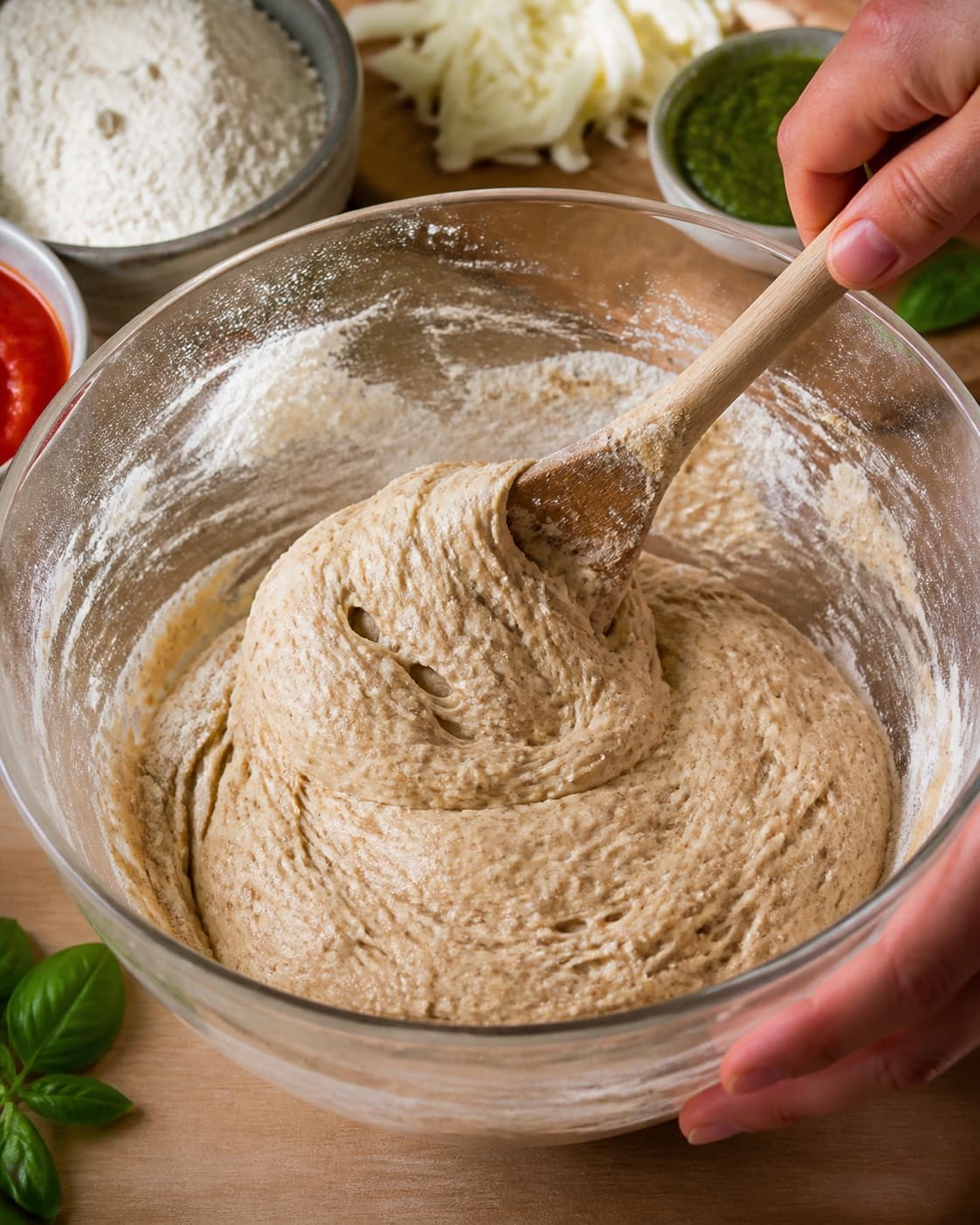 Close view of the moist dough for fuldkornspizza med pesto, mozzarella og friske tomater being mixed in a bowl with hvedemel, passata, mozzarella, basilikumpesto under tilberedningen af fuldkornspizza med pesto, mozzarella og friske tomater