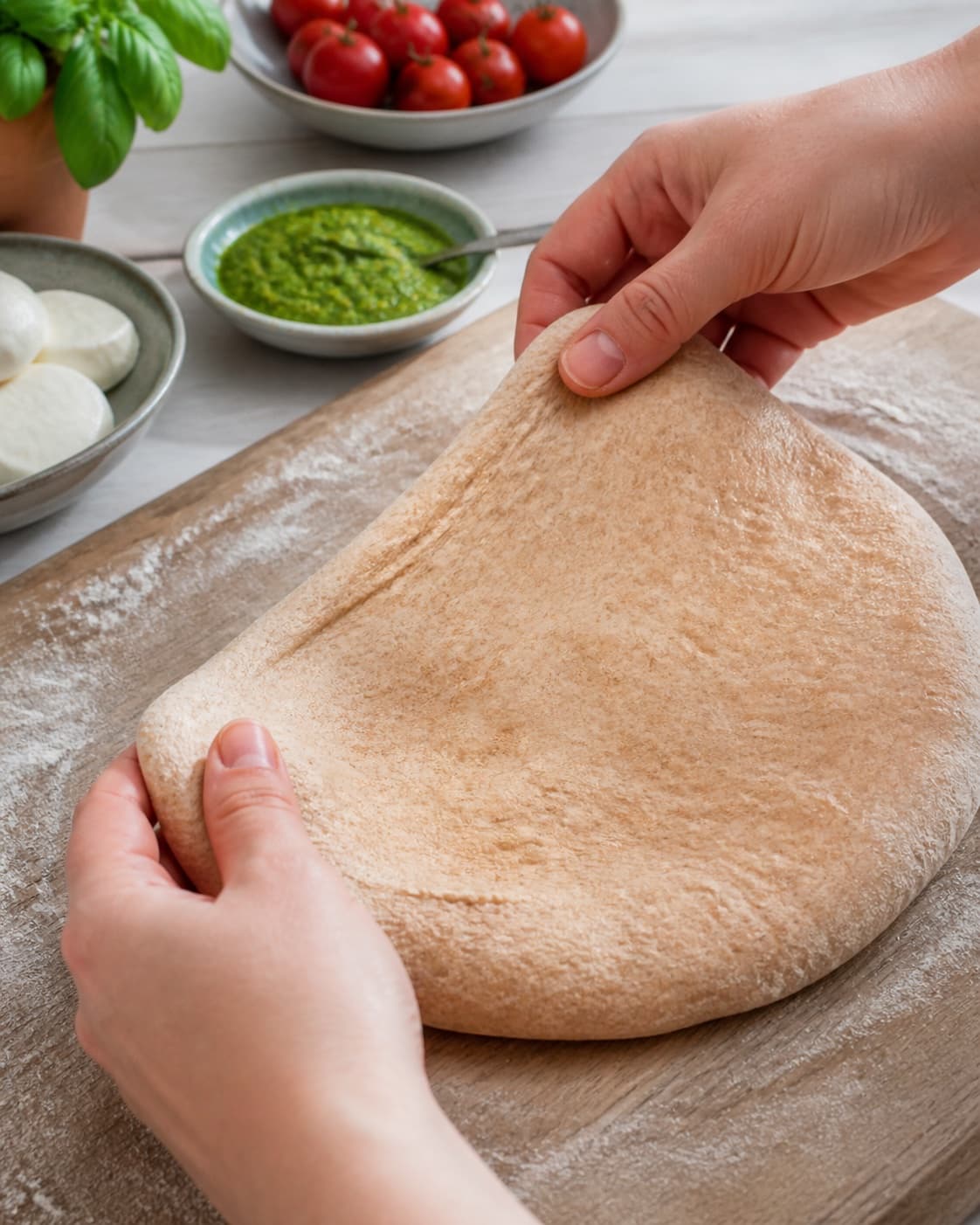 Hands gently folding elastic dough for fuldkornspizza med pesto, mozzarella og friske tomater under tilberedningen af fuldkornspizza med pesto, mozzarella og friske tomater