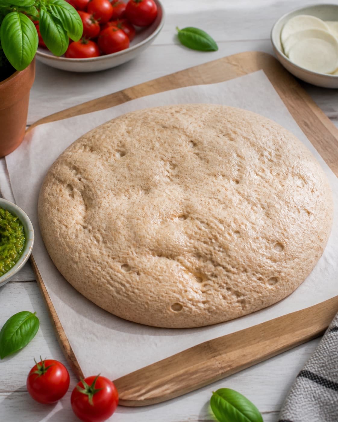 Proofed airy dough for fuldkornspizza med pesto, mozzarella og friske tomater with visible fermentation bubbles under tilberedningen af fuldkornspizza med pesto, mozzarella og friske tomater
