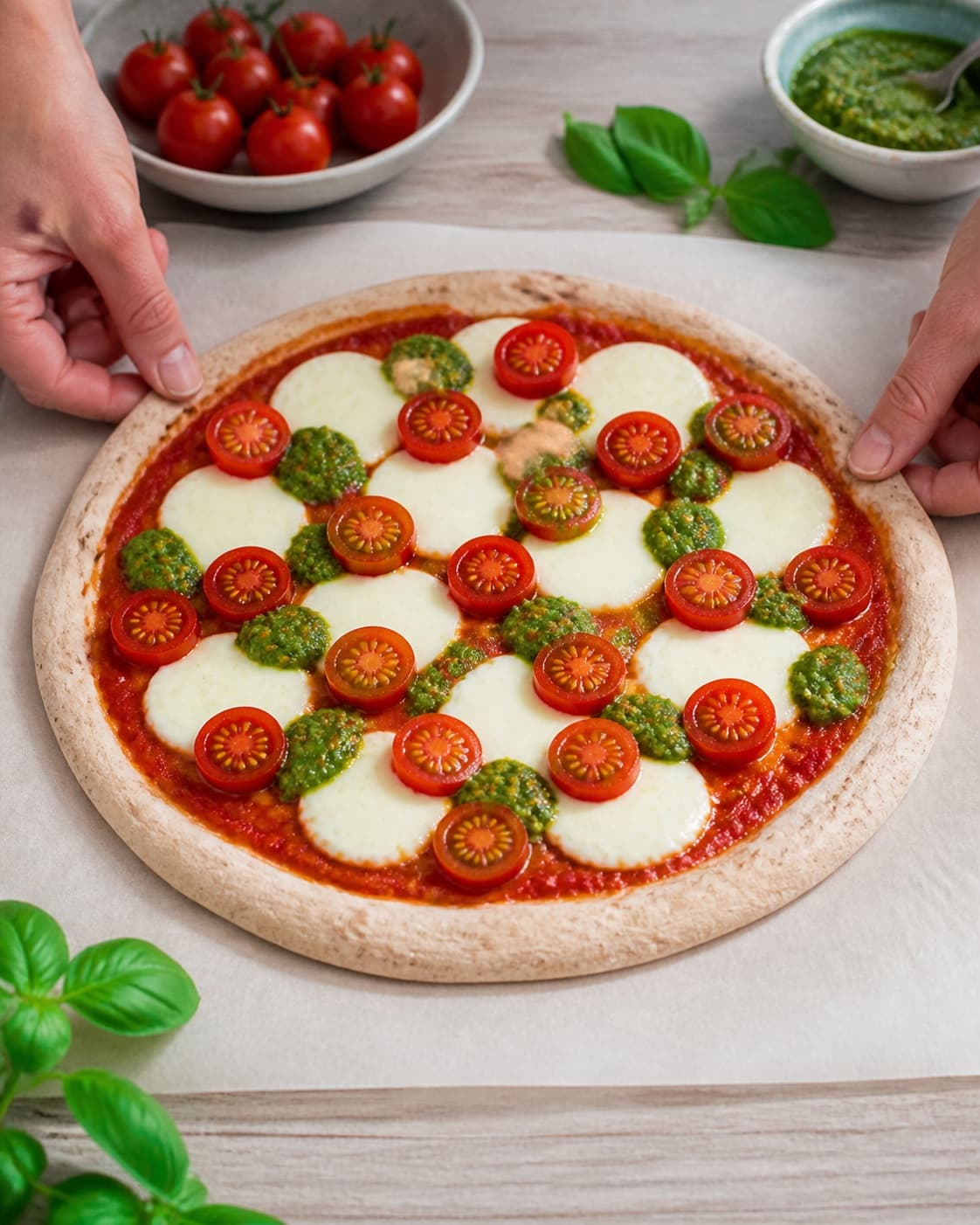 Even pieces of fuldkornspizza med pesto, mozzarella og friske tomater being shaped before baking under tilberedningen af fuldkornspizza med pesto, mozzarella og friske tomater